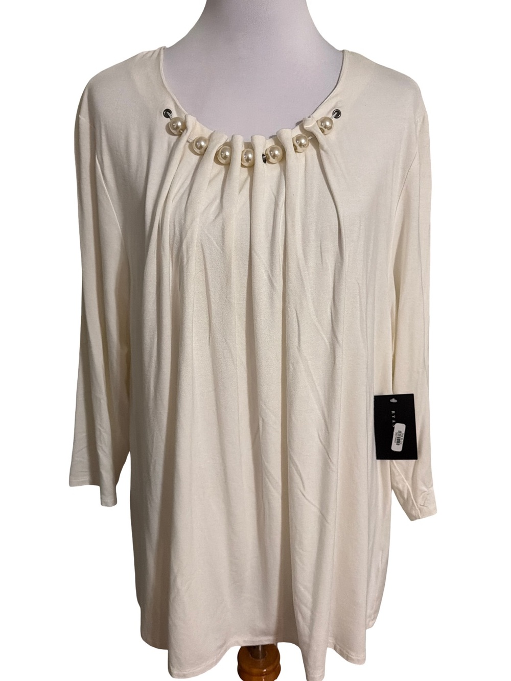Ryan Wythe Women's Cream Pearl-Accent Pleated Neck Blouse